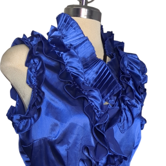 Antilia Femme Royal Blue Satin Designer Ruffle Blouse Size L - Picture 15 of 16